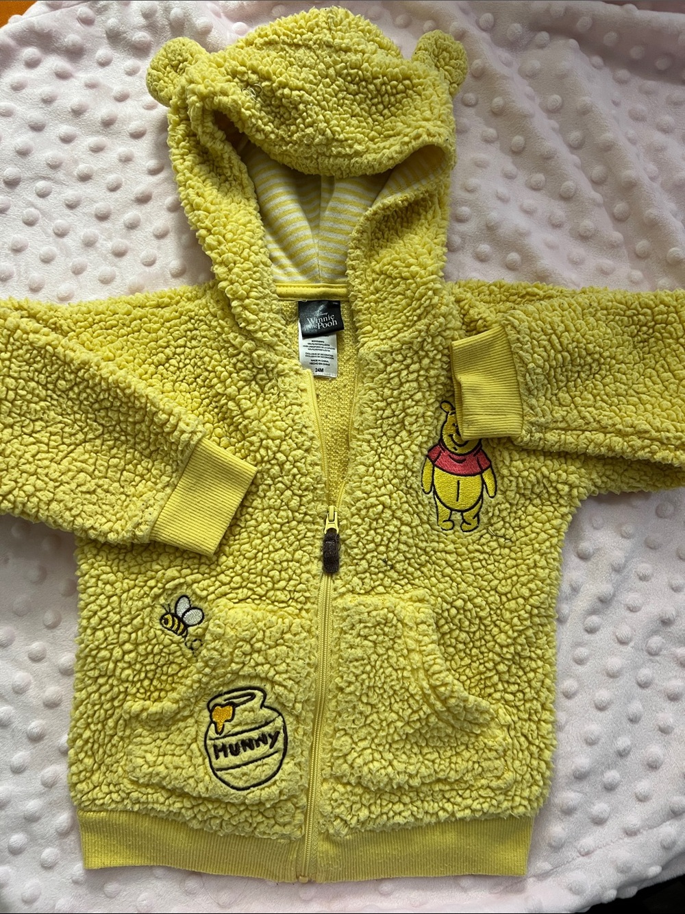 Disney Yellow Plush Hooded Zip-Up Sweatshirt with Pooh Embroidery